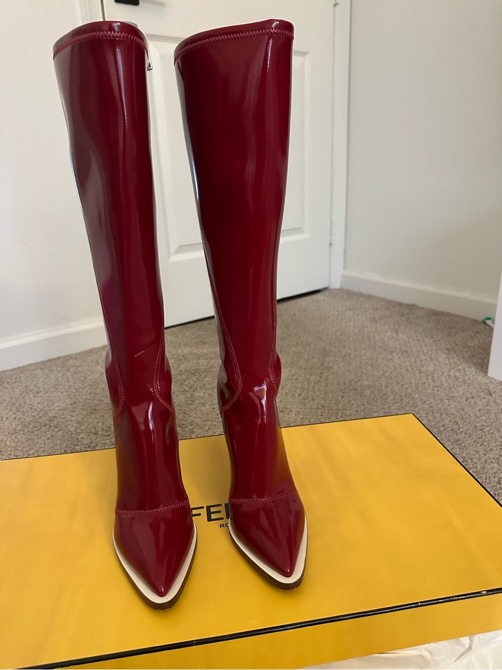 Fendi Red Patent Leather Knee High Sculptural Heel Boots 36.5 Rare